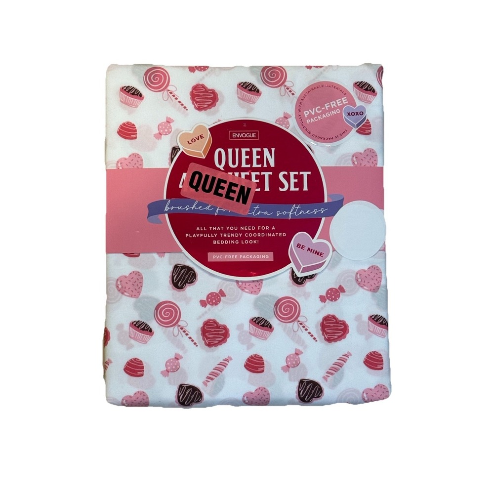 Envogue Valentine Hearts, Candy, and Cupcake Pattern Queen 4pc Sheet Set
